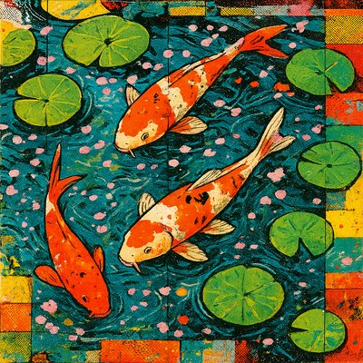 A koi pond seen from above, orange and white koi fish swimming among lily pads, clear water with subtle ripples, fallen cherry blossom petals floating on the surface, dappled sunlight