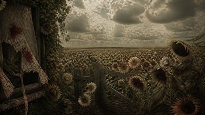 an endless field of sunflowers under summer clouds, no people