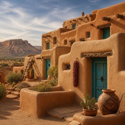 wide landscape with natural scenery — Adobe Pueblo Architecture