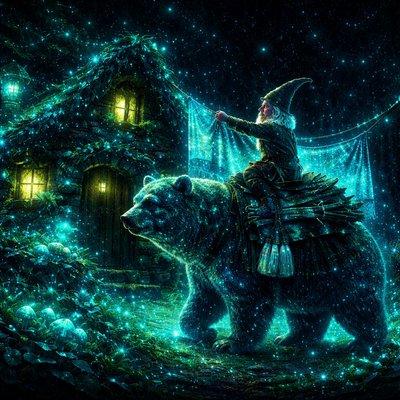 A detailed fantasy painting of a gnome and bear doing chores outside a moss-covered stone cottage. The gnome, dressed in practical work clothes and a leather apron, sits atop the bear, hoisting a large beaten rug onto a clothesline. The bear, looking stolid and helpful, is carrying bundles of firewood and has several scrub brushes hanging from its harness. The scene is one of efficient, rustic domesticity in a forest setting. Golden afternoon light.