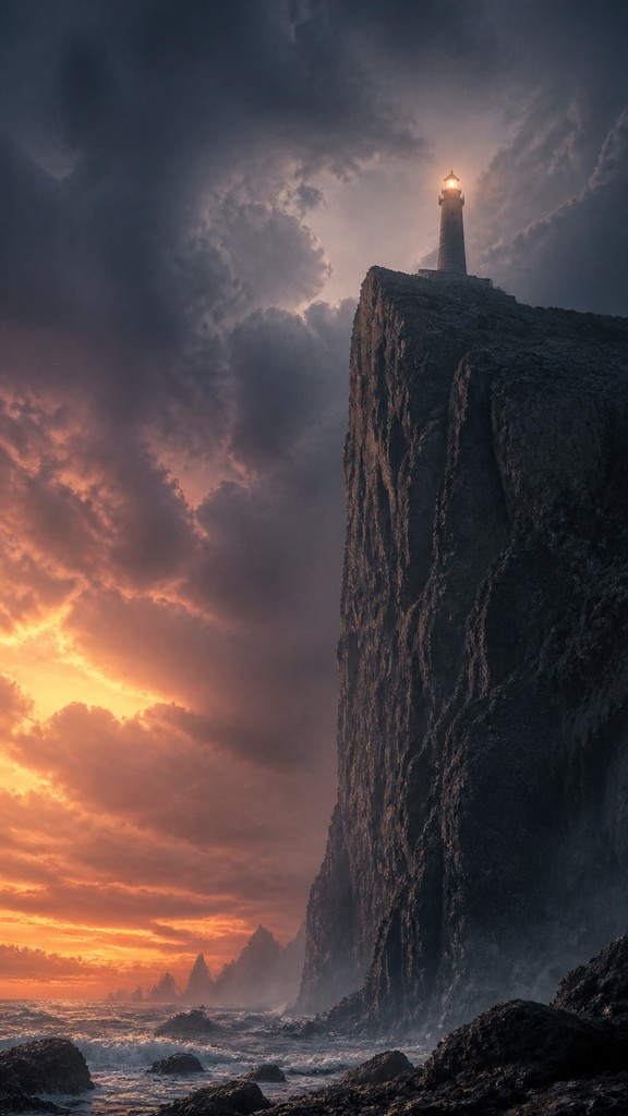 a lone lighthouse on a cliff at dusk under a dramatic sky, no text or lettering