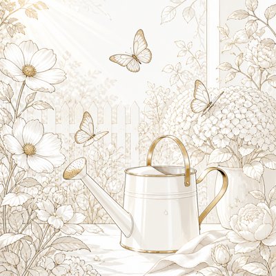 a garden scene with butterflies, flowers and a watering can, clean uncolored line art, no text