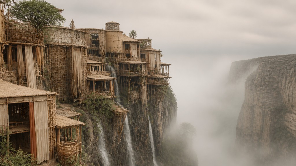 a cliffside city with waterfalls cascading into a misty canyon, wide establishing shot, no people, no text