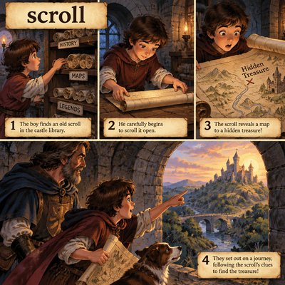 Create an image for the spelling word "scroll". please include the word.