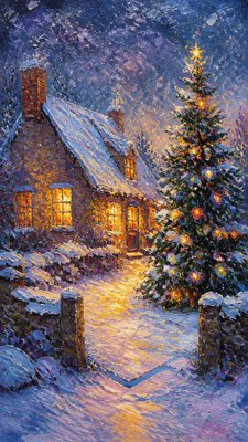 a snow-covered cottage with warm glowing windows beside a decorated pine tree, gentle snowfall, no text