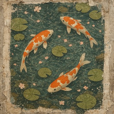 A koi pond seen from above, orange and white koi fish swimming among lily pads, clear water with subtle ripples, fallen cherry blossom petals floating on the surface, dappled sunlight