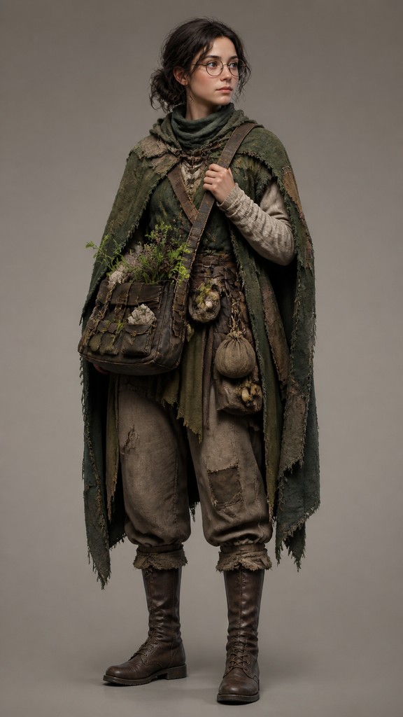 full-body original character: a wandering botanist with a satchel of plants, a patched green cloak, tall boots and round glasses, neutral background