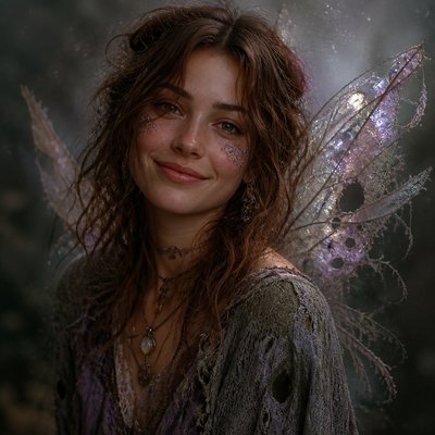 head-and-shoulders portrait of an original character: a young woman with wavy chestnut hair and a warm smile, plain soft backdrop