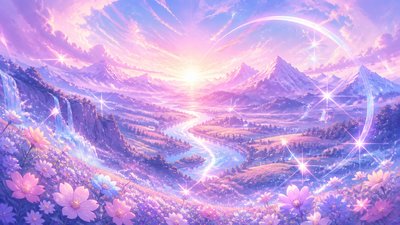 a vast valley with a river winding toward distant mountains at sunrise, no people, no text