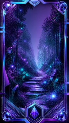 a mysterious forest path with fireflies and drifting mist, atmospheric vertical composition with open space at the top, no text