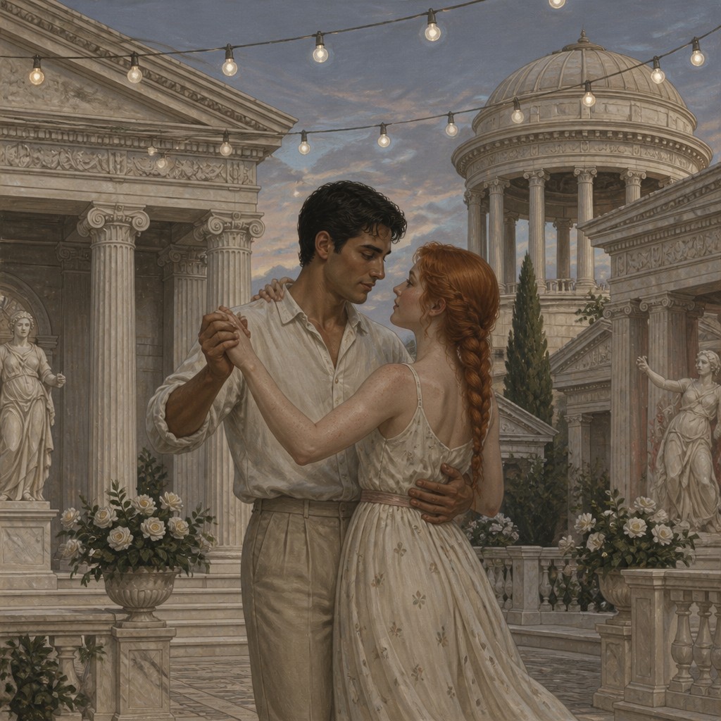an original couple dancing under string lights in a garden at dusk: a man with short black hair in a linen shirt and a woman with braided red hair in a summer dress