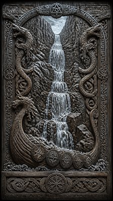towering waterfall cascading down a cliff