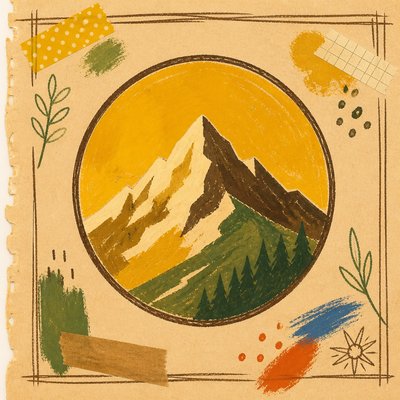 an emblem of a mountain peak inside a circle, simple bold shapes on a plain background, no text or lettering