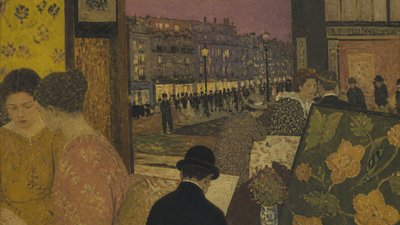 bustling city street panorama at dusk