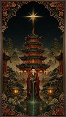 a robed figure pouring water beneath a large eight-pointed star in a night sky, symmetrical composition with an ornate decorative border, no text