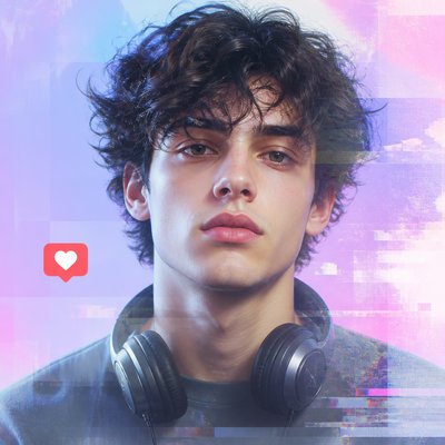 head-and-shoulders portrait of an original character: a young man with curly dark hair and headphones around his neck, plain backdrop, no text