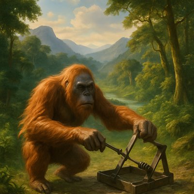 A powerful, wise orangutan, with an intense and determined expression, meticulously disables a complex metal trap in a lush, dense rainforest. It moves with the swift, focused precision of an arrow released from a warrior's bow, its escape swift and deliberate. Emphasize its intelligence and the moment of triumphant liberation, with dappled sunlight filtering through the canopy