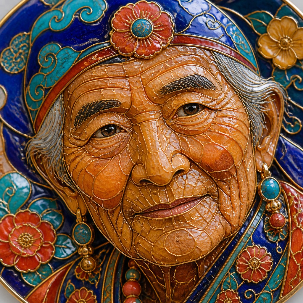 close-up portrait of an elderly person with expressive weathered features — Enamel Cloisonné Jewelry Design