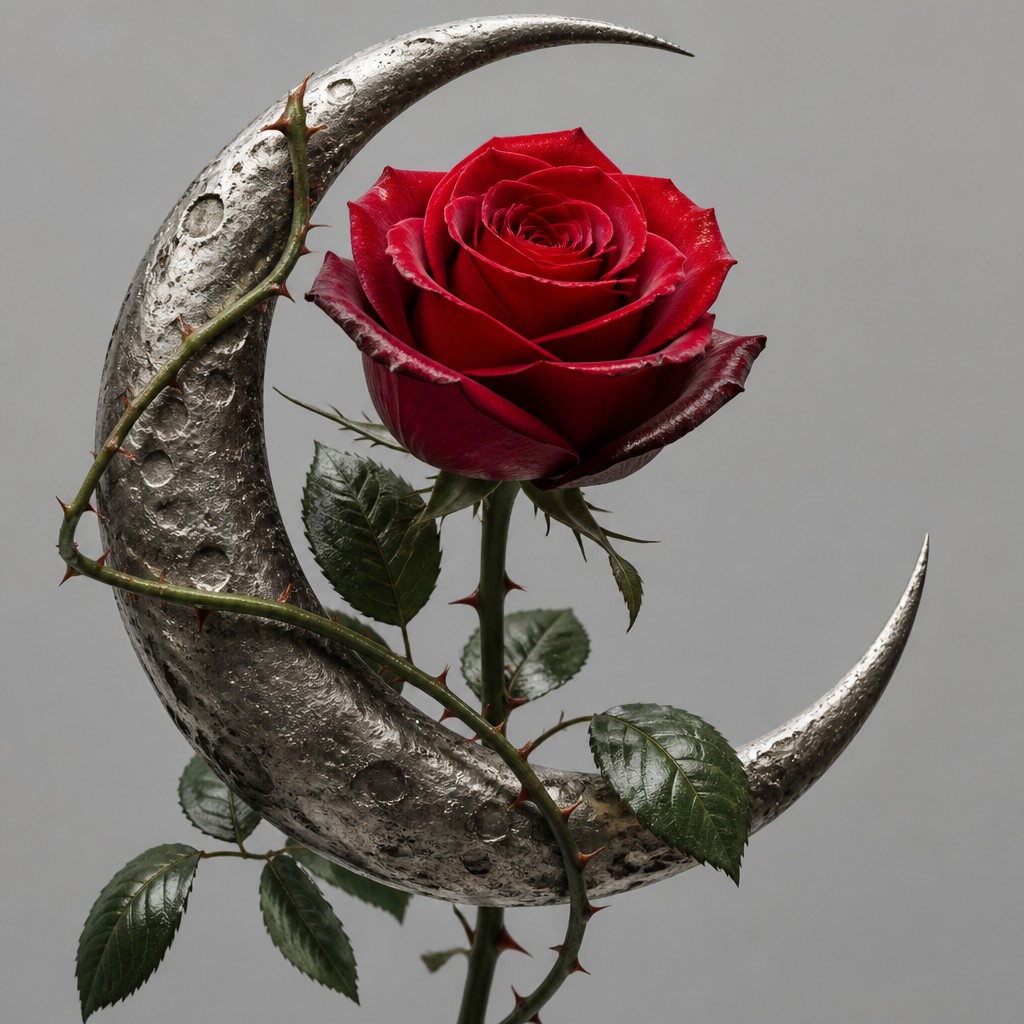 a rose entwined with a crescent moon, clean balanced composition on a plain background, no text