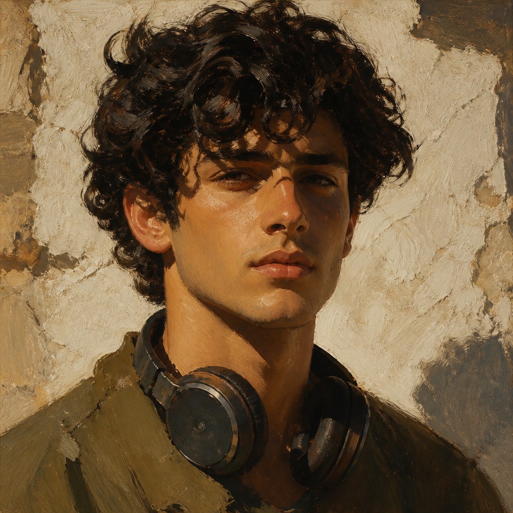 head-and-shoulders portrait of an original character: a young man with curly dark hair and headphones around his neck, plain backdrop, no text