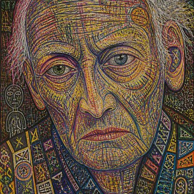 close-up portrait of an elderly person with expressive weathered features