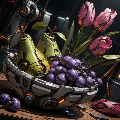 still life arrangement of pears, grapes and pink tulips in a ceramic bowl on a rustic wooden table, no people