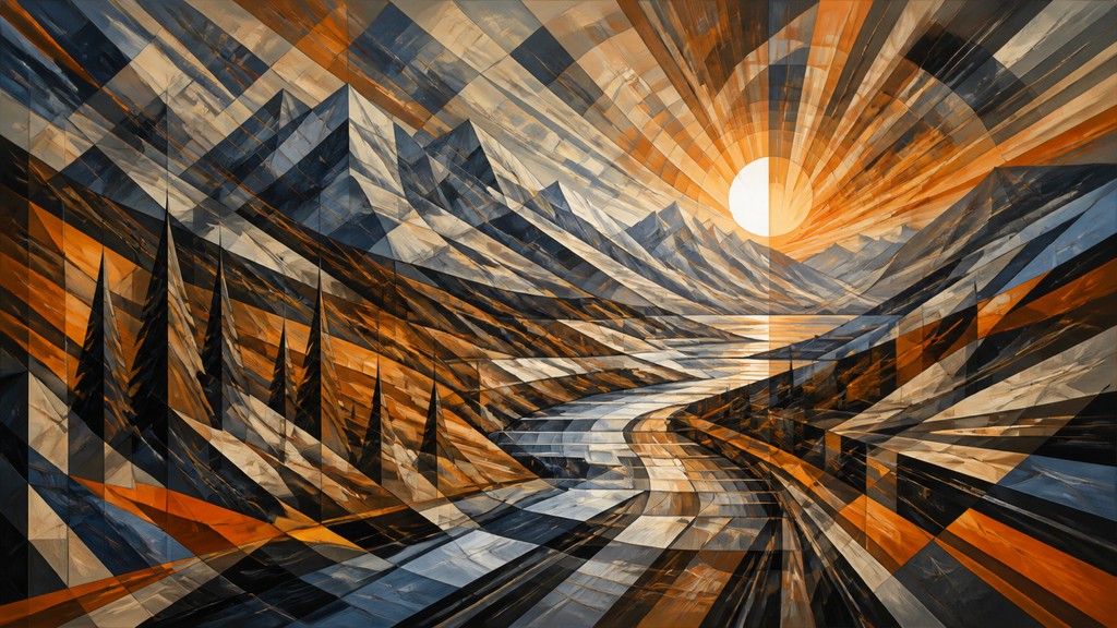 a vast valley with a river winding toward distant mountains at sunrise, no people, no text