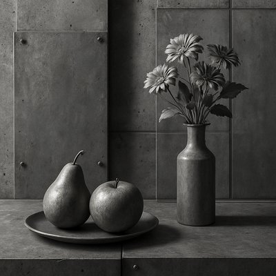 still life arrangement of fruits and flowers