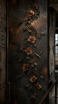 a climbing vine of flowers and hummingbirds on a dark background, tall wrapping composition, no text