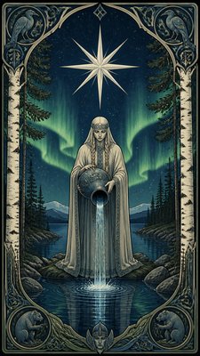 a robed figure pouring water beneath a large eight-pointed star in a night sky, symmetrical composition with an ornate decorative border, no text
