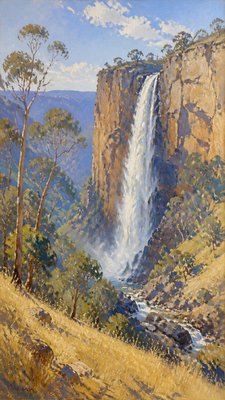 towering waterfall cascading down a cliff