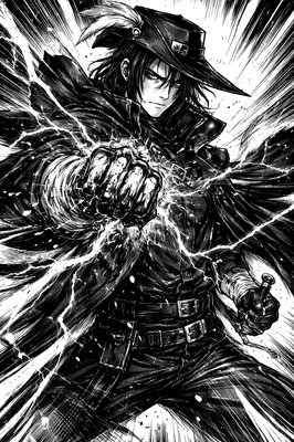 a black and white drawing of a man holding a sword