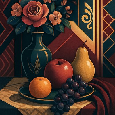 still life arrangement of fruits and flowers