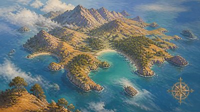 a map of an island realm with mountains, forests, a sheltered bay, sea monsters in the water and a compass rose, no text labels