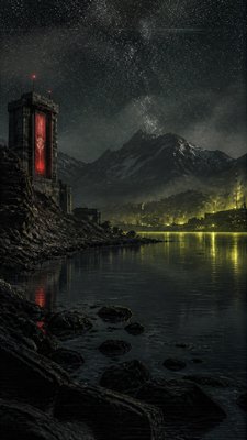 a tranquil mountain lake beneath a starry night sky, no people, no text