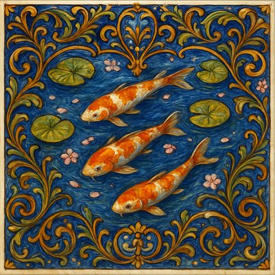 A koi pond seen from above, orange and white koi fish swimming among lily pads, clear water with subtle ripples, fallen cherry blossom petals floating on the surface, dappled sunlight