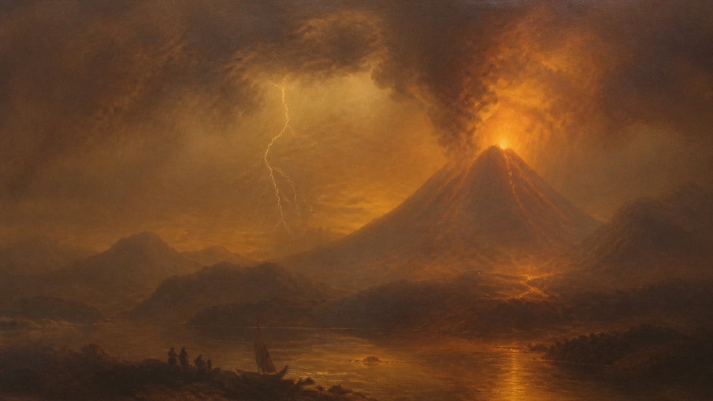 an erupting volcano with lightning strikes, dramatic wide composition, no text