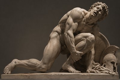 ancient greek ignudi warrior crouched in agony with his leg stretched backward