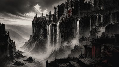 a cliffside city with waterfalls cascading into a misty canyon, wide establishing shot, no people, no text