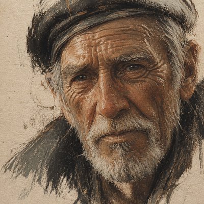 close-up portrait of an elderly person with expressive weathered features