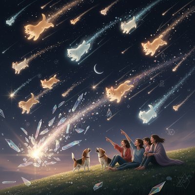 Art Style: A whimsical, magical fantasy photograph with a slight long-exposure effect. The aesthetic should be charming, warm, and full of wonder, like a scene from a high-budget Studio Ghibli film brought to real life.

The Sky (The Shower): The deep, dark night sky is alive with activity. Instead of standard meteor streaks, dozens of glowing, translucent "puppy-meteors" are zooming across the heavens.

The Puppies: They are clearly recognizable as adorable, fluffy puppies—golden retrievers, chunky corgis, fluffy samoyeds, and floppy-eared spaniels.

    Appearance: They emit a soft, warm, bioluminescent glow (golds, creams, and soft blues).

    Motion: They aren't falling tragically; they look playful, soaring and tumbling through space, leaving long, glittering trails of stardust and paw-print sparkles behind them. Let's make sure to include the moon phase we established earlier for continuity! A slender waning crescent moon is visible among the puppy-streaks.

The Foreground Setting: A wide, grassy hill perfect for stargazing.

    The Viewers: A family or group of friends wrapped in cozy blankets are sitting on the grass, looking up with expressions of pure joy and disbelief, pointing at the sky.

    Animal Reaction: On the ground next to them, two real dogs (an earth-bound golden retriever and a beagle) are looking up at the sky, barking happily and wagging their tails wildly at their celestial cousins.

Lighting: The primary light source is the magical, warm glow from the dozens of puppy-meteors streaking overhead, casting soft light on the landscape below.