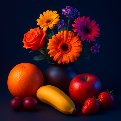 still life arrangement of fruits and flowers