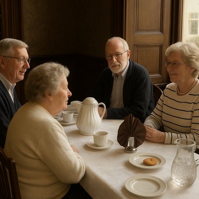 a group of people sitting around a table