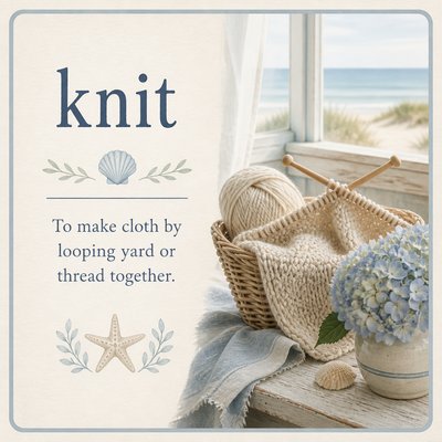 Please create a flashcard for the spelling word: "knit" and it's definition: "To make cloth by looping yard or thread together."
