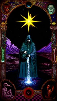 a robed figure pouring water beneath a large eight-pointed star in a night sky, symmetrical composition with an ornate decorative border, no text