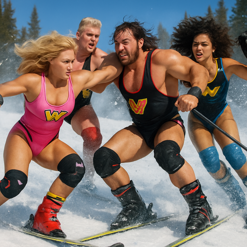 Photorealism Art Style, a chaotic and dynamic downhill ski race featuring four WWF-style wrestlers: two muscular women and two powerful men. All four are fiercely competing, wearing over-the-top, classic 90s-era WWF wrestling attire (like bright spandex, signature logos, and knee pads) over their ski boots, on skis. They are actively engaged in wrestling-like maneuvers while skiing—one wrestler might be attempting a headlock, another is pushing an opponent, and one is dramatically dodging. They are speeding down a pristine, snowy mountain slope under bright, clear daylight with pine trees visible in the background. Focus on intense facial expressions, exaggerated action, realistic snow spray, and detailed textures of both wrestling gear and ski equipment.