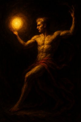 a painting of a man holding a light in his hand