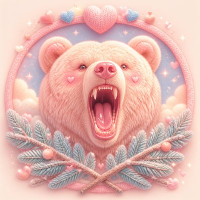a roaring bear head above crossed pine branches, bold graphic composition on a plain background, no text