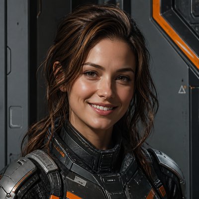 head-and-shoulders portrait of an original character: a young woman with wavy chestnut hair and a warm smile, plain soft backdrop