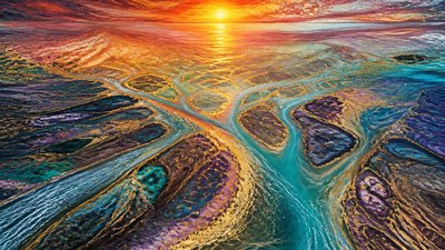 a wide river delta seen from above at sunset, no people
